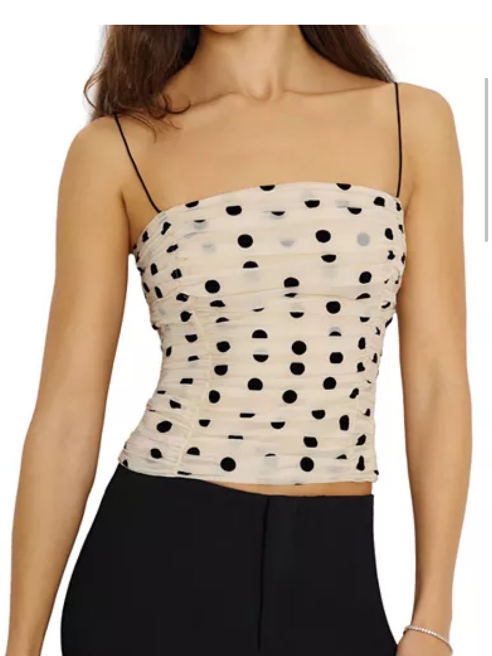 Reformation NWT Amber Top: Cream Polka Dot Ruched Camisole with Black Dots